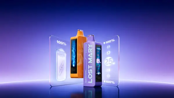Deux cigarettes électroniques Lost Mary, une orange et une violette, avec des écrans affichant des pourcentages de batterie et des puissances.