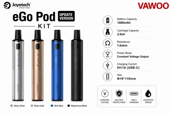 Kit Joyetech eGo Pod : 4 couleurs (argent, or rose, bleu, noir), 1000mAh, 2ml, 1.0ohm, charge USB-C.