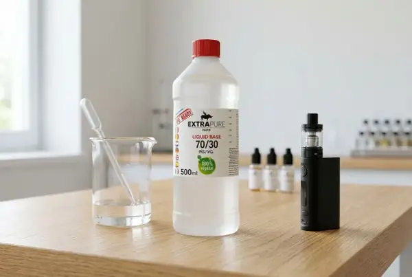 Bouteille d'e liquide perimé, bécher avec pipette, cigarette électronique et flacons sur une table en bois.