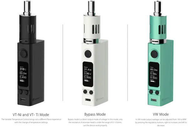 Trois cigarettes électroniques : une noire en mode VT-Ni/Ti, une blanche en mode Bypass, et une verte en mode VW. L'evic offre une expérience personnalisable.