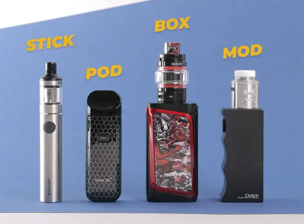 Quatre appareils de vapotage : un stick, un pod, une box et un mod. Ces cigarettes électroniques offrent différentes expériences de vape.