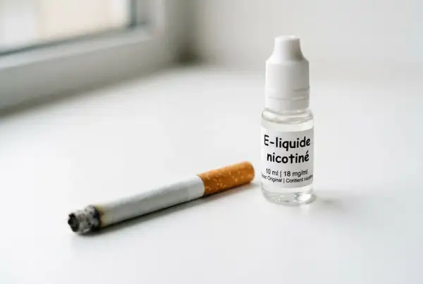 Une cigarette allumée à côté d'une fiole d'e-liquide nicotiné. Le flacon indique "10 ml | 18 mg/ml", suggérant une concentration de 10 mg de nicotine par ml.