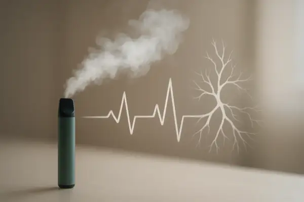 Une cigarette électronique émet de la vapeur, symbolisant une perte de puissance et un impact sur la santé, représenté par un électrocardiogramme et un arbre squelettique.